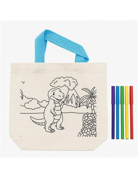 Τσάντα non wooven λευκή για ζωγραφική δεινόσαυρος με 6 μαρκαδόρους Υ21x21,5x0.3εκ.