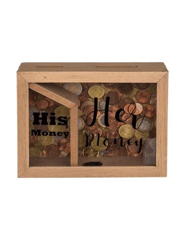 Κουμπαράς - κορνίζα ξύλινος με δύο θήκες «His money - Her money», Υ15x20x5εκ.