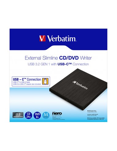 Verbatim External SlimLine CD-DVD Writer-Reader, USB 3.2 - 43886