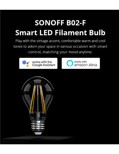 SONOFF Smart λάμπα LED Filament B02-F-A60, Wi-Fi, 7W, E27, 2200K-6500K