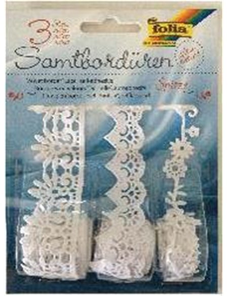 Δαντέλα βελούδινη λευκή 3 διαφ.σχέδια, 1 μέτρο/ρολλό  σε blister