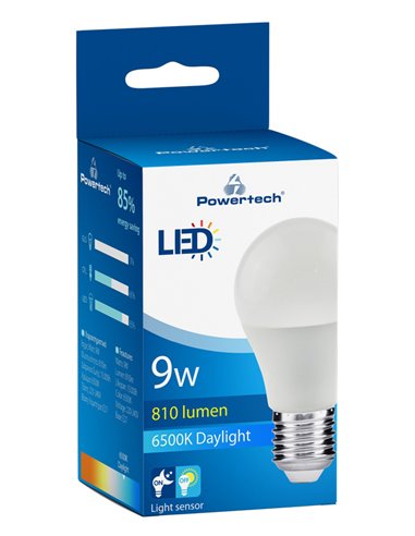 POWERTECH LED λάμπα A60 E27-015, με αισθητήρα φωτός, 9W, 6500K, E27