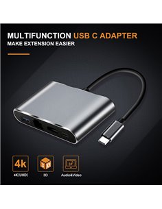 CABLETIME docking station C160, USB-C, 3-ports, 4K, 0.15m, γκρι