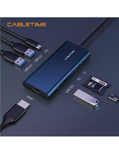 CABLETIME docking station C160, USB-C, 7-ports, 4K, 0.15m, μπλε