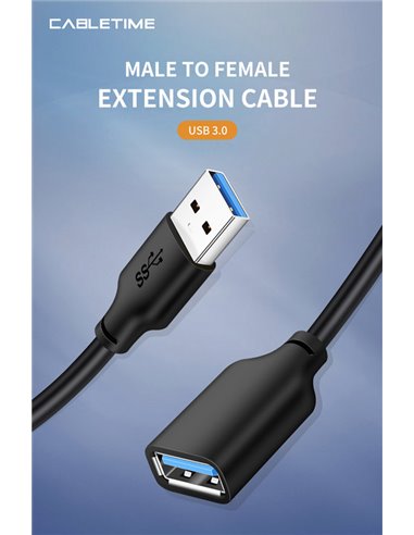 CABLETIME καλώδιο USB 3.0 αρσενικό σε θηλυκό C160, 5Gbps, 2m, μαύρο