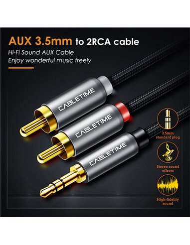 CABLETIME καλώδιο Stereo 3.5mm σε 2x RCA AV314, 3m, μαύρο