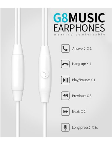 CELEBRAT earphones με μικρόφωνο G8, 3.5mm, 1.2m, λευκά