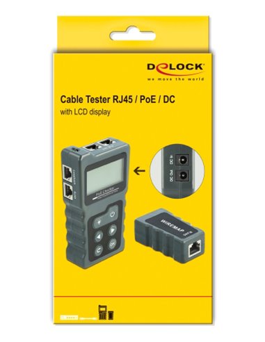 DELOCK tester καλωδίων με οθόνη 63110, RJ45, PoE, DC, γκρι