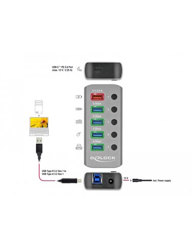 DELOCK USB hub με διακόπτες 63263, 5x USB & USB-C PD, 5Gbps, 2.4A, γκρι