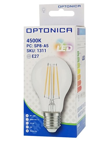OPTONICA LED λάμπα A60 Filament 1311, 8W, 4500K, E27, 810lm