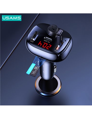 USAMS FM transmitter CC143, 2x USB/USB-C/micro SD, BT, οθόνη, 50W, μαύρο