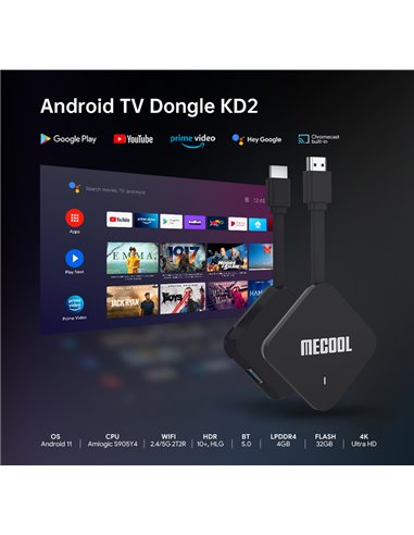 MECOOL TV Stick KD2, Google certificate, 4K, 4/32GB, WiFi, Android 11