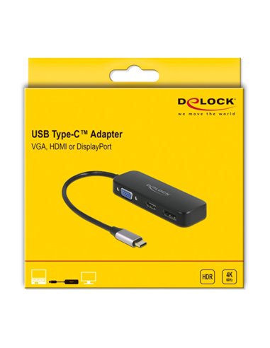 DELOCK αντάπτορας USB-C σε VGA/HDMI/DisplayPort 64156, 4K, 20cm, μαύρος