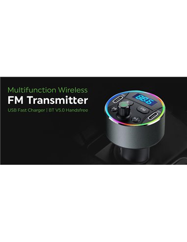 POWERTECH FM Transmitter & φορτιστής 20W PT-1027, οθόνη, RGB, Bluetooth