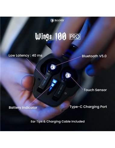 SADES gaming earphones Wings 100 Pro, θήκη φόρτισης True Wireless, μαύρα