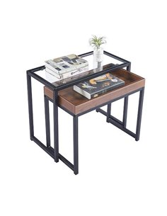 Τραπεζάκια βοηθητικά σετ2 Nextdeco μέταλλο με γυαλί και MDF Υ50x60x30εκ. - Υ47x56x30εκ.