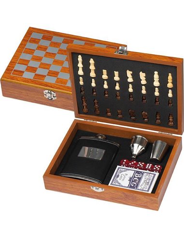Σετ δώρου-παιχνιδιού σκάκι, τράπουλα, ζάρια και φλασκί σε ξύλινο κουτί 24x18x6εκ.