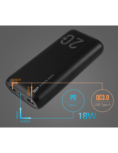 SILICON POWER power bank QS15, 20000mAh, 2x USB & USB Type-C, 3A, μαύρο