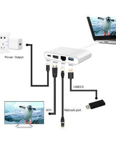 POWERTECH docking station PTH-085, 4 θυρών, USB-C, 100W PD, 4K, γκρι