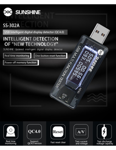 SUNSHINE USB tester φόρτισης SS-302A, V/A/Time/mAh