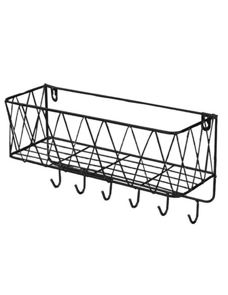Επιτοίχια θήκη οργάνωσης με ράφι - 6 γάντζους μαύρη Υ19x34x12εκ.