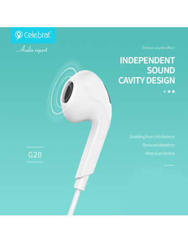 CELEBRAT earphones με μικρόφωνο G20, 3.5mm σύνδεση, Φ14mm, 1.2m, λευκά