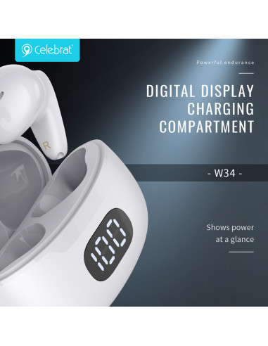 CELEBRAT earphones με θήκη φόρτισης TWS-W34, True Wireless, Φ13mm, μαύρα