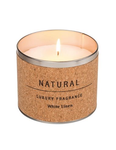 Λευκό αρωματικό κερί «λευκό λινό» σε βαζάκι με φελλό, Ø12xΥ10εκ.