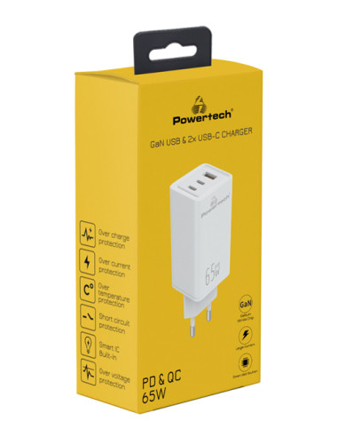 POWERTECH φορτιστής τοίχου PT-1094, USB & 2x USB-C, 65W, GaN, λευκός