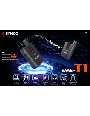 SYNCO ασύρματο μικρόφωνο Wmic-T1, ενσωματωμένο clip-on, UHF, γκρι