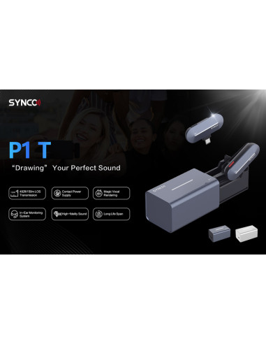 SYNCO ασύρματο μικρόφωνο P1T με θήκη φόρτισης, USB-C, 2.4GHz, γκρι