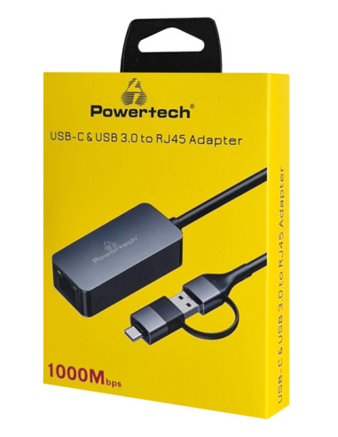 POWERTECH αντάπτορας δικτύου PTR-0149, USB & USB-C, 1000 Mbps, γκρι