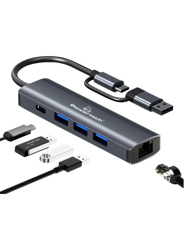 POWERTECH USB hub PTR-0150 με θύρα δικτύου, 4 θυρών, USB & USB-C, γκρι