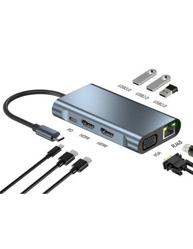 POWERTECH docking station BYL-2311 8 θυρών, USB-C σύνδεση, 100W PD, γκρι