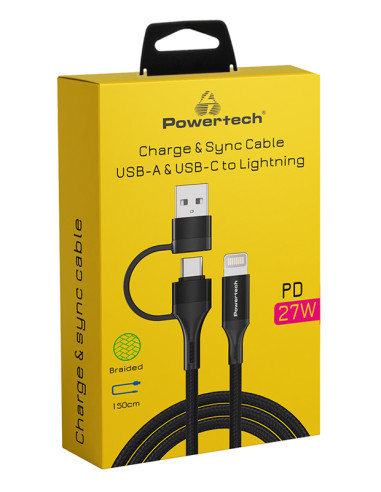 POWERTECH καλώδιο USB & USB-C σε Lightning PTR-0159, PD 27W, copper, 1.5m, μαύρο