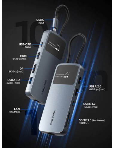 CABLETIME docking station CT-HUBD1-AG, 10 θυρών, USB-C, 4K, 100W, γκρι