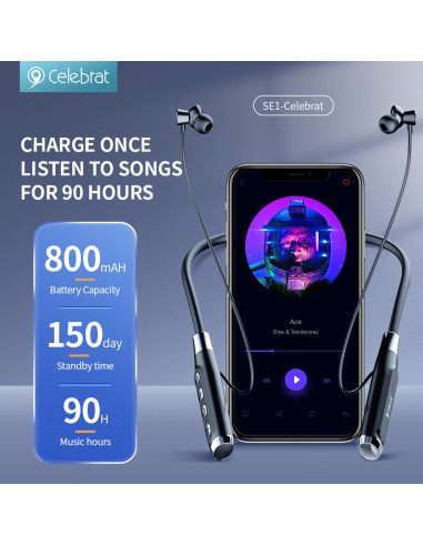 CELEBRAT earphones SE1 με μαγνήτη, Bluetooth, 12mm, 800mAh, μαύρα