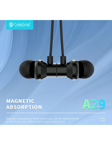 CELEBRAT earphones A29 με μαγνήτη, Bluetooth, 10mm, 80mAh, μαύρα