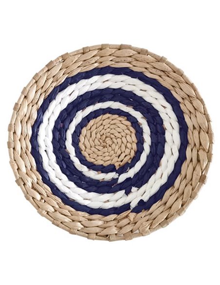 Δίσκος Boho διακοσμητικός ψάθινος φυσικό/λευκό/μπλε Ø30εκ.