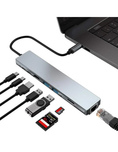 POWERTECH docking station PTH-103, 8 θυρών, USB-C σύνδεση, 100W PD, γκρι