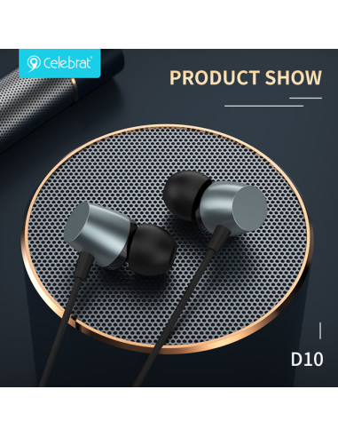 CELEBRAT earphones με μικρόφωνο D10, 3.5mm σύνδεση, Φ10mm, 1.2m, μαύρα