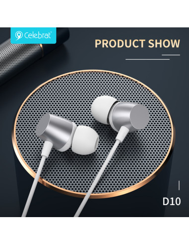 CELEBRAT earphones με μικρόφωνο D10, 3.5mm σύνδεση, Φ10mm, 1.2m, λευκά