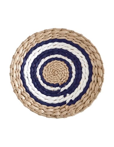 Δίσκος Boho διακοσμητικός ψάθινος φυσικό/λευκό/μπλε Ø25εκ.