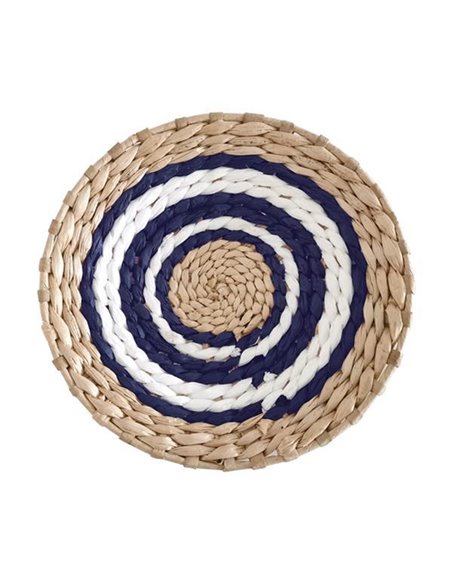 Δίσκος Boho διακοσμητικός ψάθινος φυσικό/λευκό/μπλε Ø25εκ.