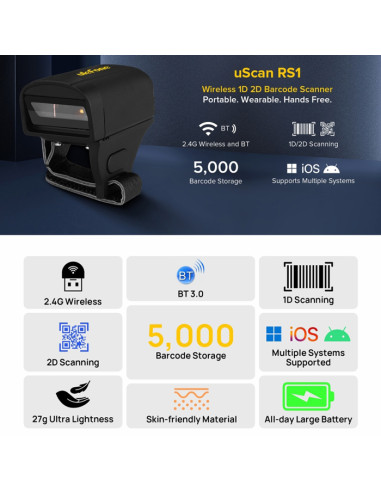 ULEFONE barcode scanner uScan RS1, ασύρματο 2.4G/Bluetooth, 1D/2D, μαύρο