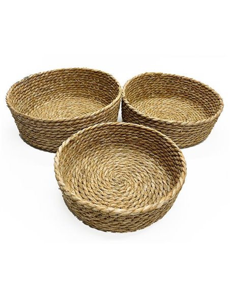Σετ 3 καλάθια flat ψάθινα Ø30xY11εκ., Ø28xY9εκ., Ø25xY8εκ.