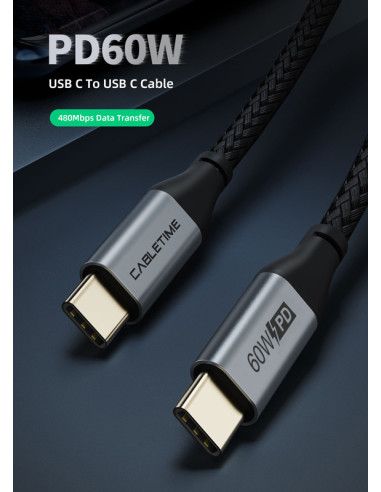 CABLETIME καλώδιο USB-C σε USB-C CT-CMCM, 60W, 480Mbps, 2m, μαύρο