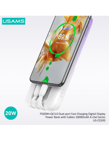 USAMS power bank US-CD193 με καλώδια, 5x έξοδοι, 10000mAh, 20W, μαύρο