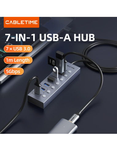 CABLETIME USB hub CT-HUBU7-AG, 7x θυρών, 5Gbps, USB σύνδεση, 1m, γκρι