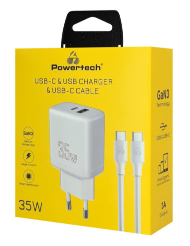 POWERTECH φορτιστής τοίχου PT-1179, καλώδιο, USB/USB-C, 35W, GaN, λευκός